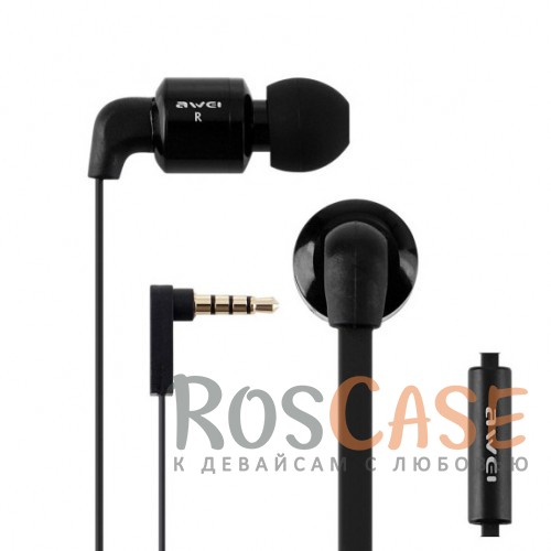 Фото Черный Модные вакуумные наушники AWEI ES600i с плоским кабелем и микрофоном