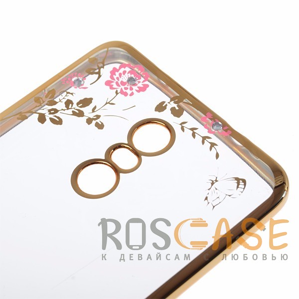 Фото Золотой / Розовые цветы Прозрачный чехол со стразами для Xiaomi Redmi Pro с глянцевым бампером