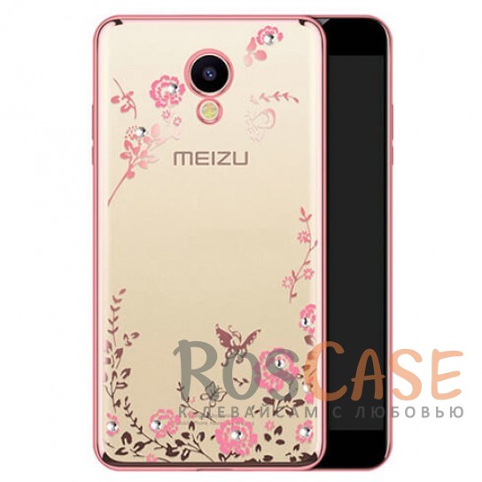 

Прозрачный чехол с цветами и стразами для Meizu M5s с глянцевым бампером (Розовый золотой/Розовые цветы)