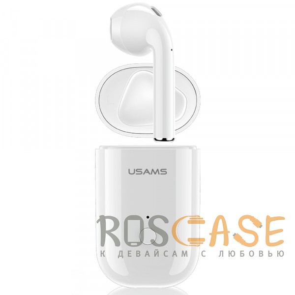 Фото Белый USAMS-LB (МОНО) | Беспроводной наушник Bluetooth с микрофоном и кейсом подзарядкой (Док-станция)
