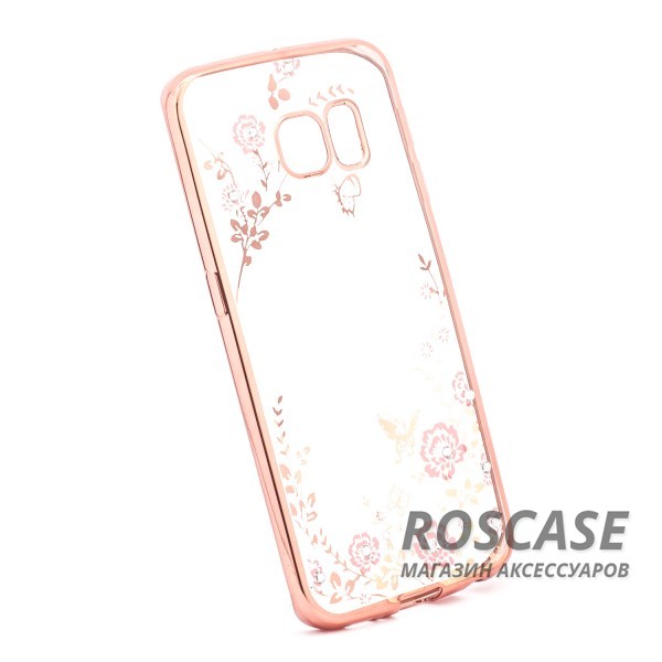 Изображение Розовый золотой/Розовые цветы Прозрачный чехол со стразами для Samsung G925F Galaxy S6 Edge с глянцевым бампером
