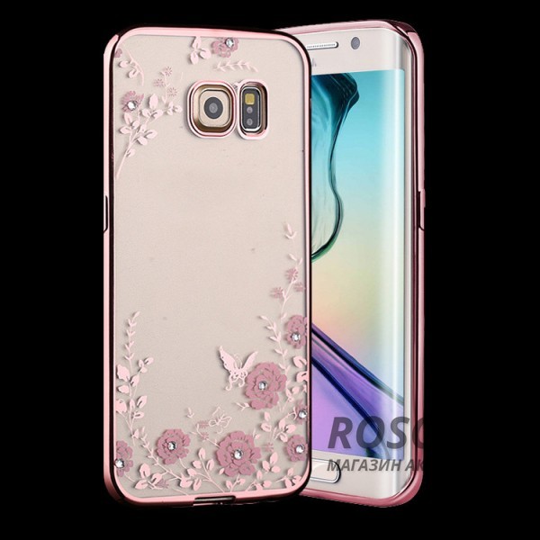 Изображение Розовый золотой/Розовые цветы Прозрачный чехол со стразами для Samsung G925F Galaxy S6 Edge с глянцевым бампером