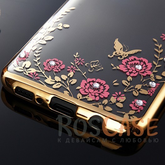 Фотография Золотой / Розовые цветы Прозрачный чехол со стразами для Samsung G955 Galaxy S8 Plus с глянцевым бампером