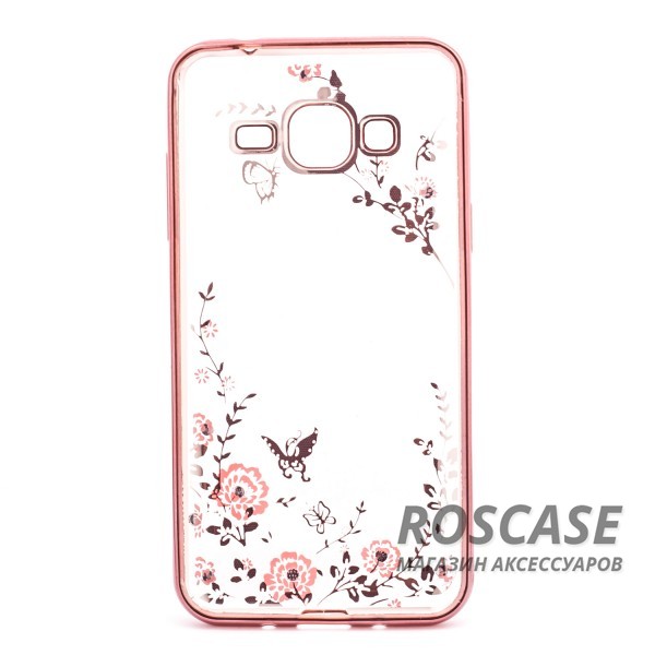 Изображение Розовый золотой/Розовые цветы Прозрачный чехол со стразами для Samsung J320F Galaxy J3 (2016) с глянцевым бампером