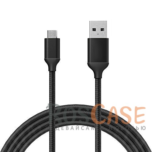 Фотография Черный / Черный Комплект автомобильное зарядное устройство в металлическом корпусе + дата кабель в текстильной оплетке USB to MicroUSB