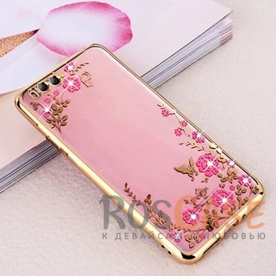 Фотография Золотой / Розовые цветы Прозрачный чехол со стразами для Xiaomi Mi 6 с глянцевым бампером