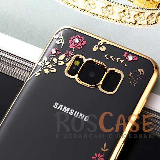 Фотография Золотой / Розовые цветы Прозрачный чехол со стразами для Samsung G950 Galaxy S8 с глянцевым бампером