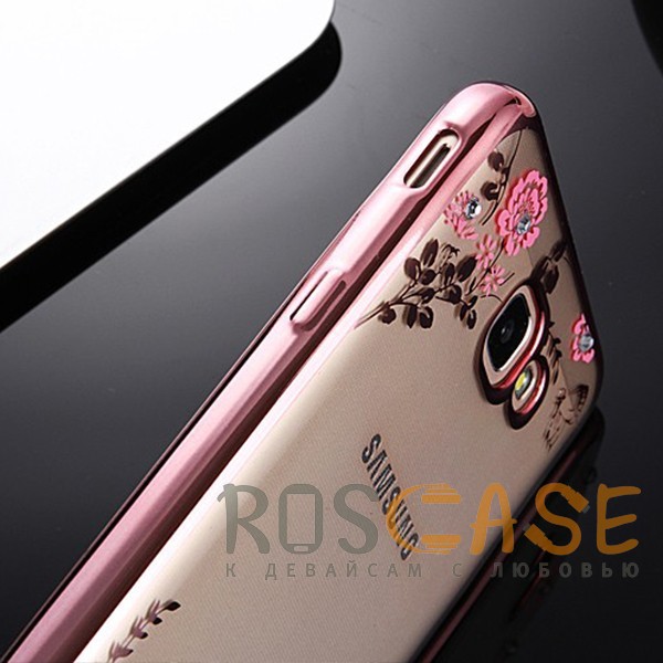 Фото Розовый золотой/Розовые цветы Прозрачный чехол со стразами для Samsung A520 Galaxy A5 (2017) с глянцевым бампером