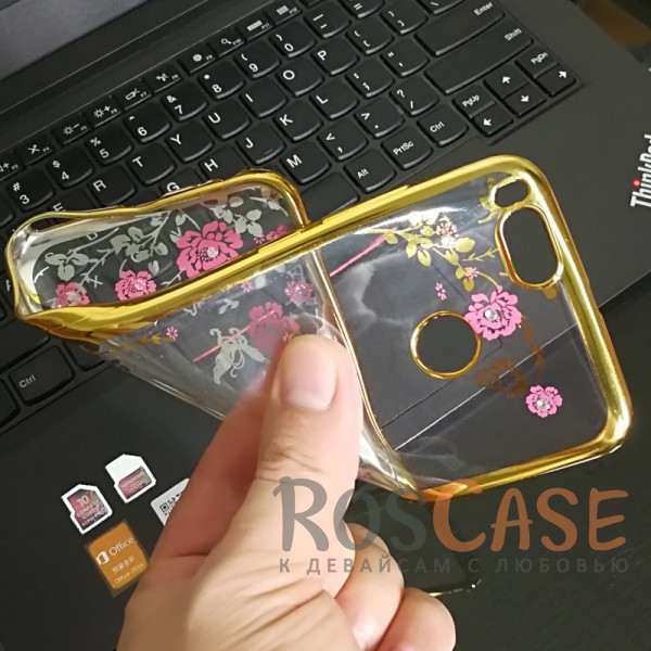 Изображение Золотой / Розовые цветы Прозрачный чехол со стразами для Xiaomi Mi 5X / Mi A1 с глянцевым бампером