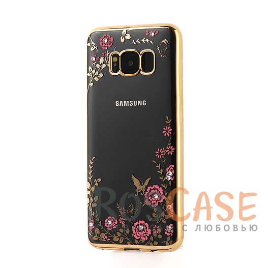 

Прозрачный чехол со стразами для Samsung G955 Galaxy S8 Plus с глянцевым бампером (Золотой/Розовые цветы)