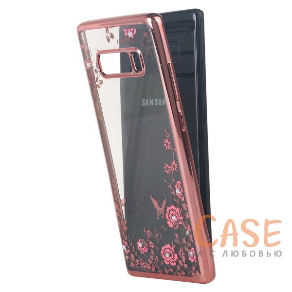 Фотография Розовый золотой/Розовые цветы Прозрачный чехол со стразами для Samsung Galaxy Note 8 с глянцевым бампером