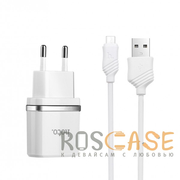 Фото Белый Зарядное устройство HOCO C12 2USB 2.4A + кабель Micro USB 