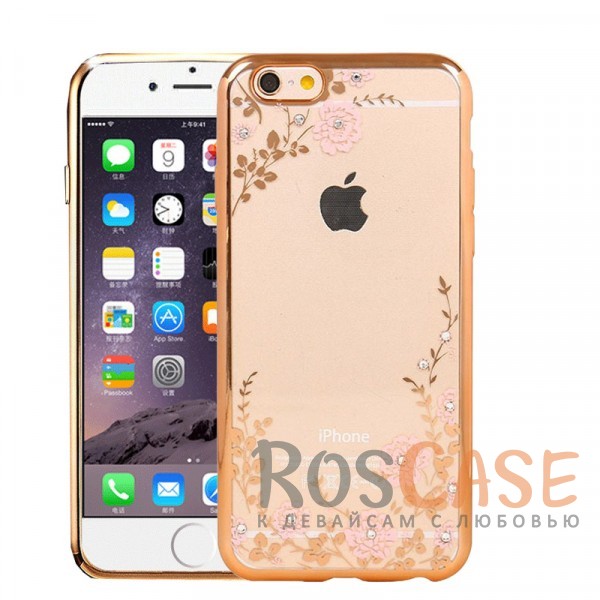 Фото Золотой / Розовые цветы Прозрачный чехол со стразами для Apple iPhone 6 plus (5.5")  / 6s plus (5.5") с глянцевым бампером