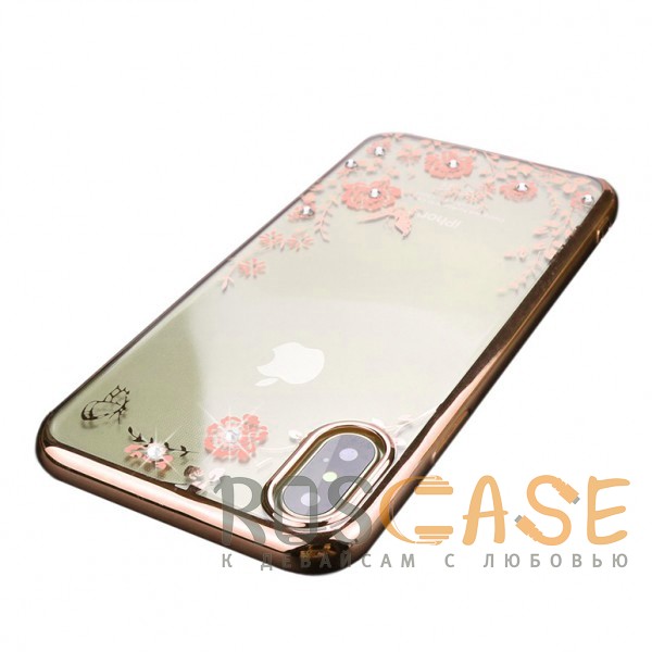Изображение Золотой / Розовые цветы Прозрачный чехол со стразами для iPhone X / XS с глянцевым бампером