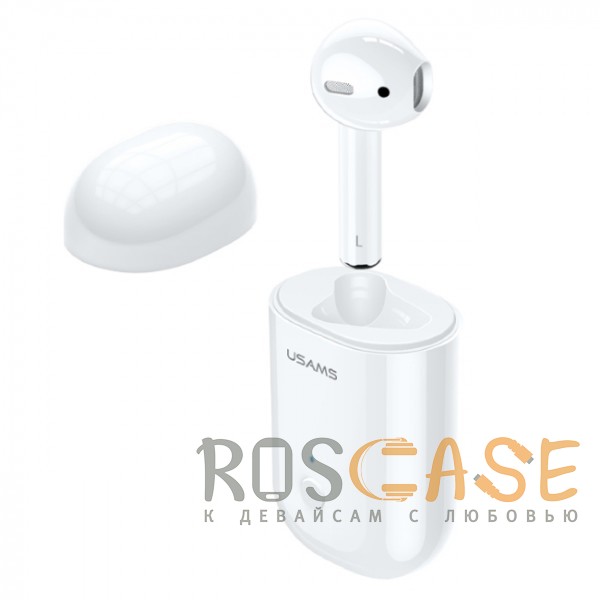Фотография Белый USAMS-LB (МОНО) | Беспроводной наушник Bluetooth с микрофоном и кейсом подзарядкой (Док-станция)