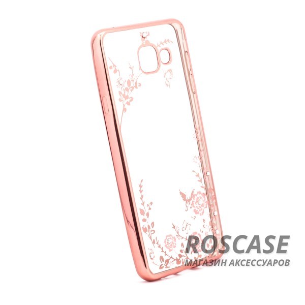 Фотография Розовый золотой/Розовые цветы Прозрачный чехол со стразами для Samsung A710F Galaxy A7 (2016) с глянцевым бампером
