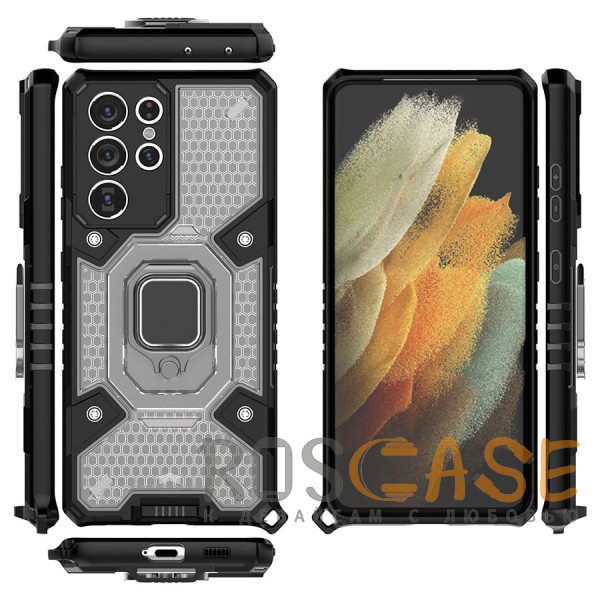Фотография Черный Honeycomb Armor | Противоударный чехол с защитой камеры и кольцом для Samsung Galaxy S21 Ultra