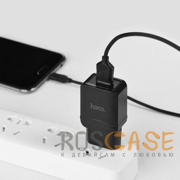 Фото Черный HOCO C22A | Сетевое зарядное устройство с кабелем microUSB (100 см) (2.4A)
