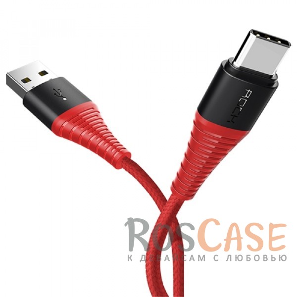 Фото Красный / Red ROCK Hi-Tensile | Кабель с нейлоновой оплеткой и гибкой защитой разъемов USB to Type C (25 см)