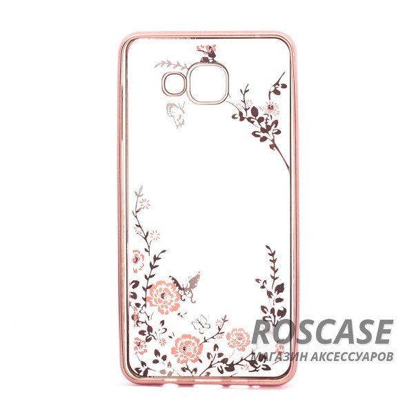Изображение Розовый золотой/Розовые цветы Прозрачный чехол со стразами для Samsung A710F Galaxy A7 (2016) с глянцевым бампером